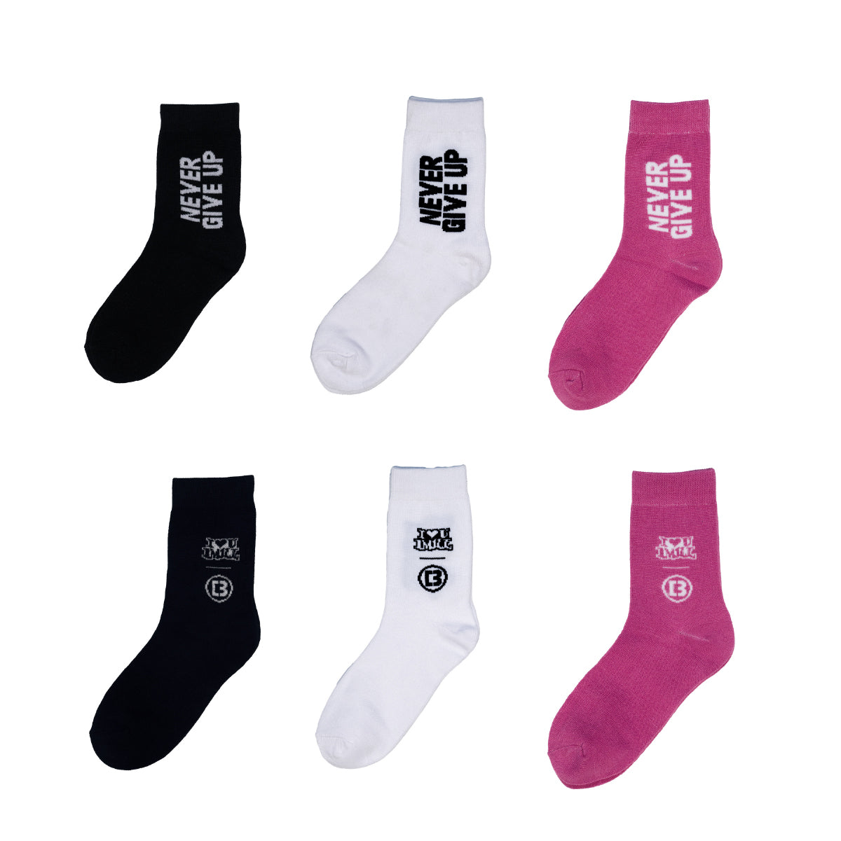 NEVER GIVE UP High Cut Sock Pack (Black, White, Pink)